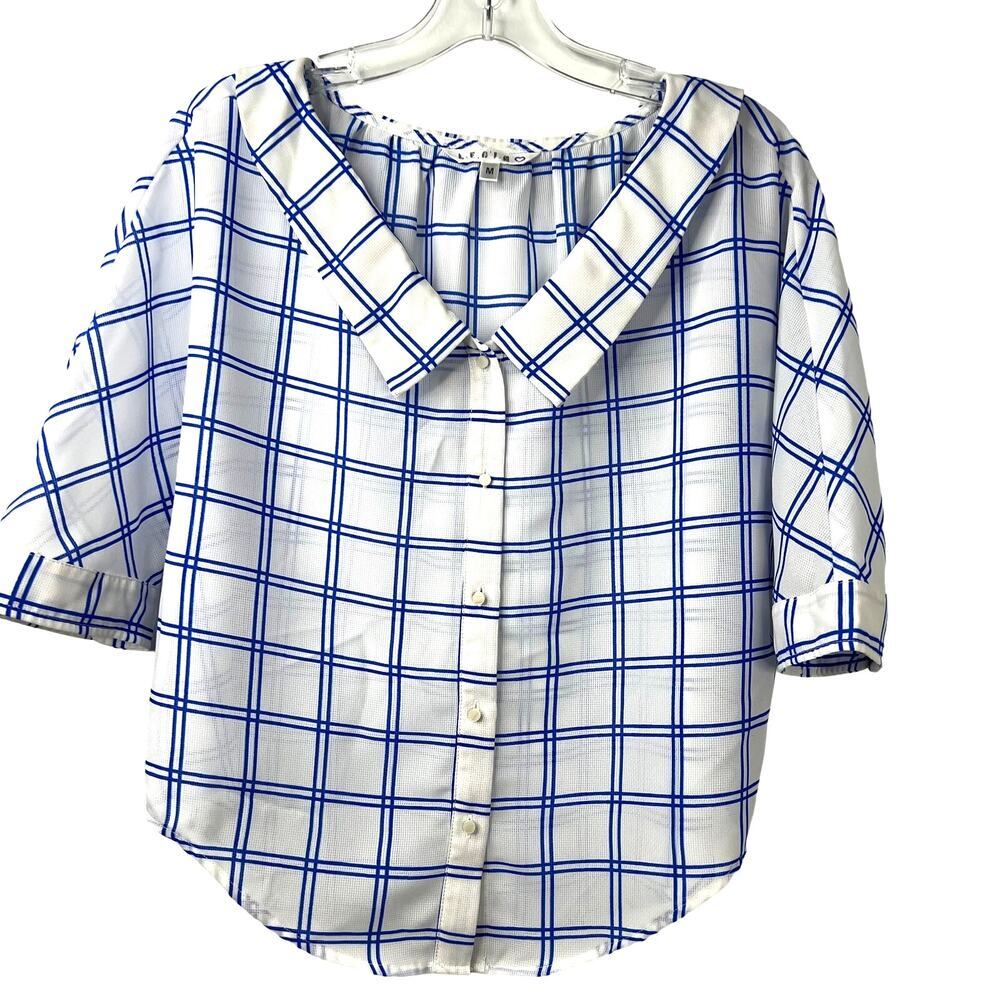 LEDIN Womens Rockabelly Top Blue/White Semi-Sheer Plaid Button Up Cropped Size M